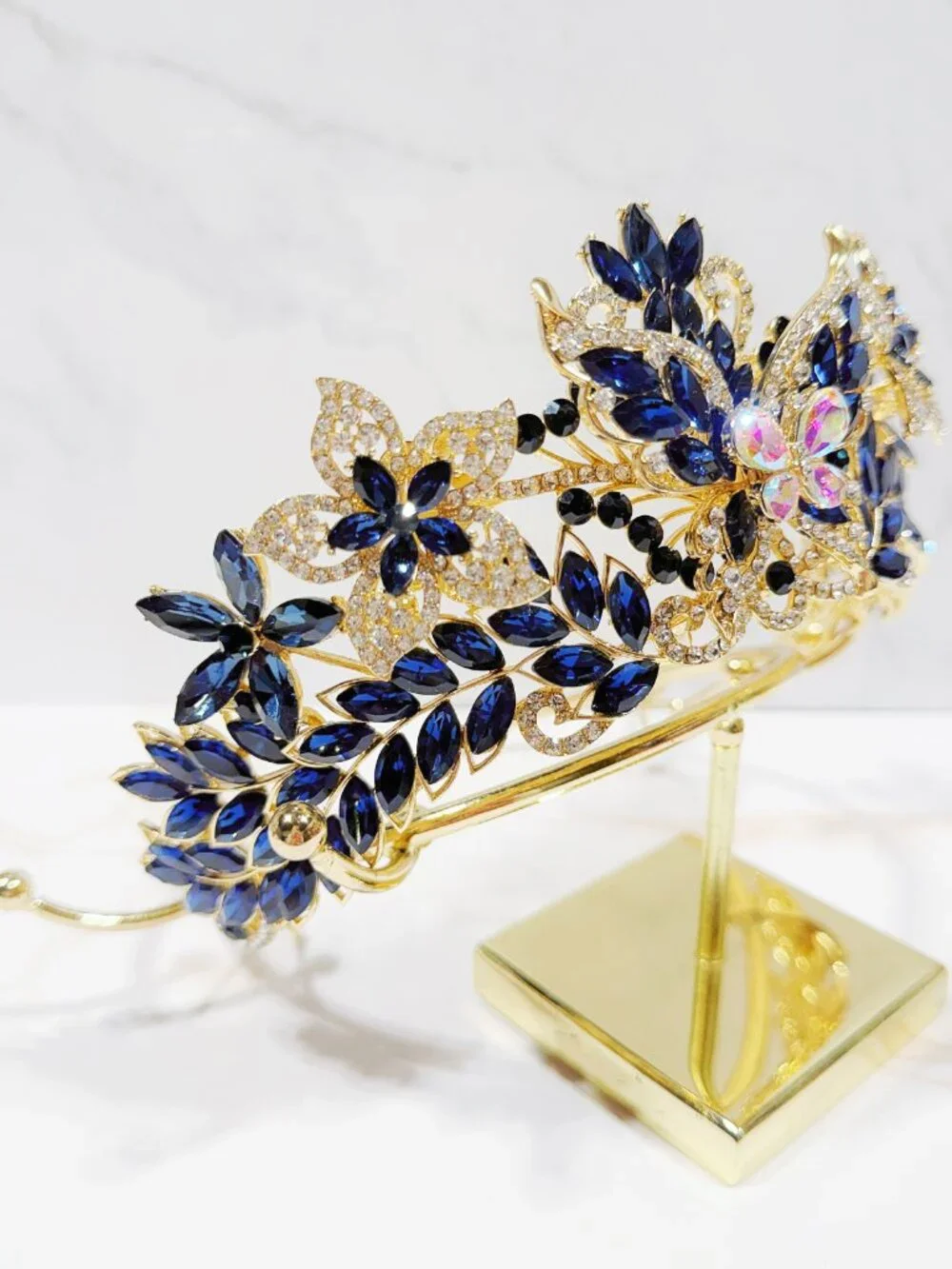 Navy Blue Crystal Butterfly Tiara Crown Gold Tone Pageant Prom Wedding Headpiece